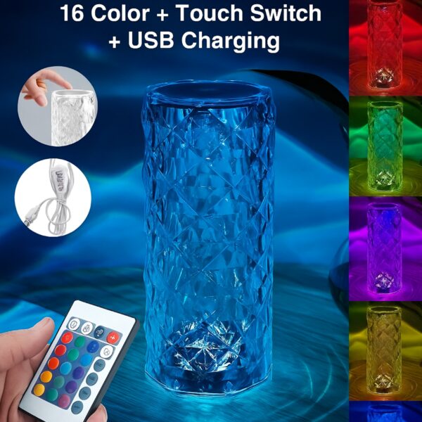 ✨ 16-Color Crystal Touch Lamp | USB Rechargeable LED Night Light with Remote Control | Modern Diamond Design Table Lamp for Bedroom, Living Room & Decor